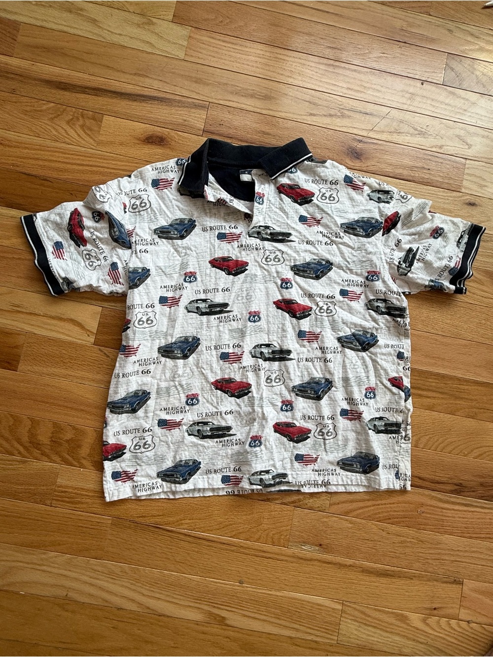 Men's Route 66 Classic Car Print Polo Shirt - White with Black Trim